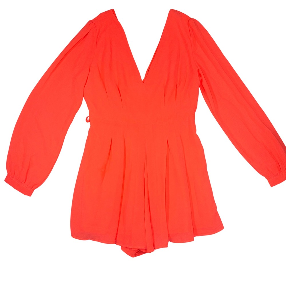 XTAREN Neon Salmon Long Sleeve V-Neck Romper Small Women Coral Pink Festival